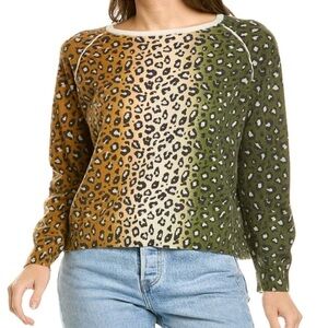 BRODIE Fine Cashmere Lg Suzie Leopard Sweater Green Multicolor Crewneck Luxury